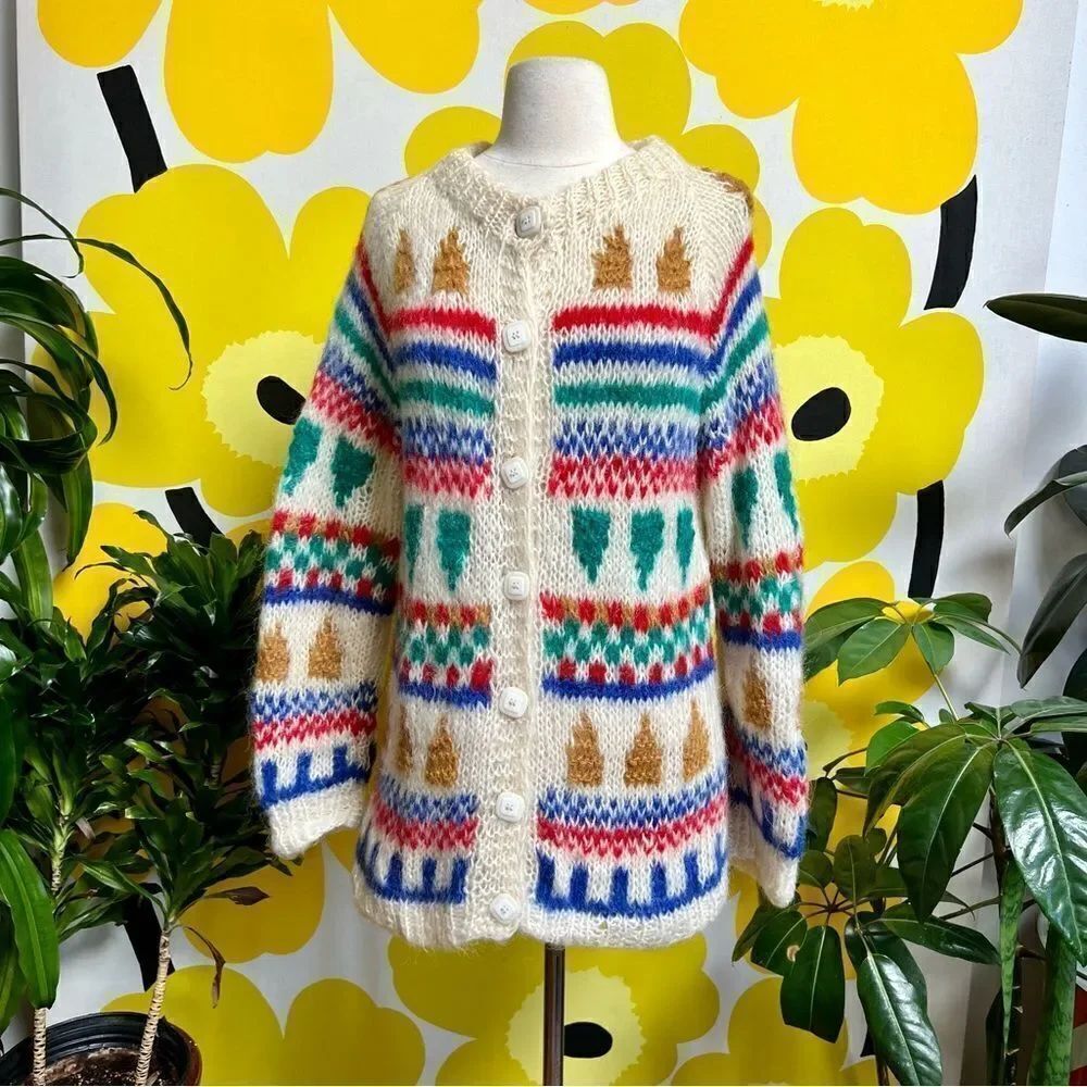 Insanely Cool Rainbow Vintage Italian Wool Knit Cardigan Sweater